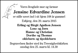 Dødsannonce - Jensine Edvardine Jensen - Esbjerg