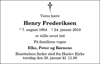 Dødsannonce - Kristian Henry Frederiksen - Haslev