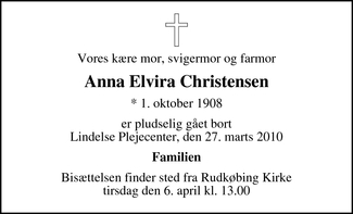 Dødsannonce - Anna Elvira Christensen - Rudkøbing
