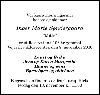 Dødsannonce - Inger Marie Søndergaard - Nykøbing M