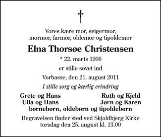Dødsannonce - Elna Thorsøe Christensen - Vorbasse