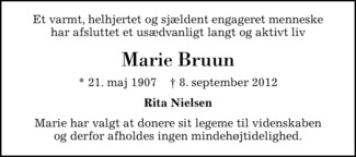 Dødsannonce - Marie Bruun - Søborg
