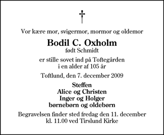 Dødsannonce - Bodil C. Oxholm - Toftlund