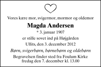 Dødsannonce - Magda Andersen - Farsø