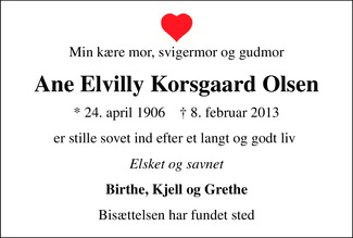 Dødsannonce - Ane Elvilly Korsgaard Olsen - Slagelse