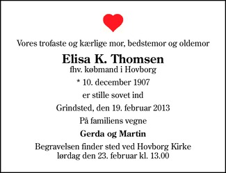 Dødsannonce - Elisa K. Thomsen - Grindsted